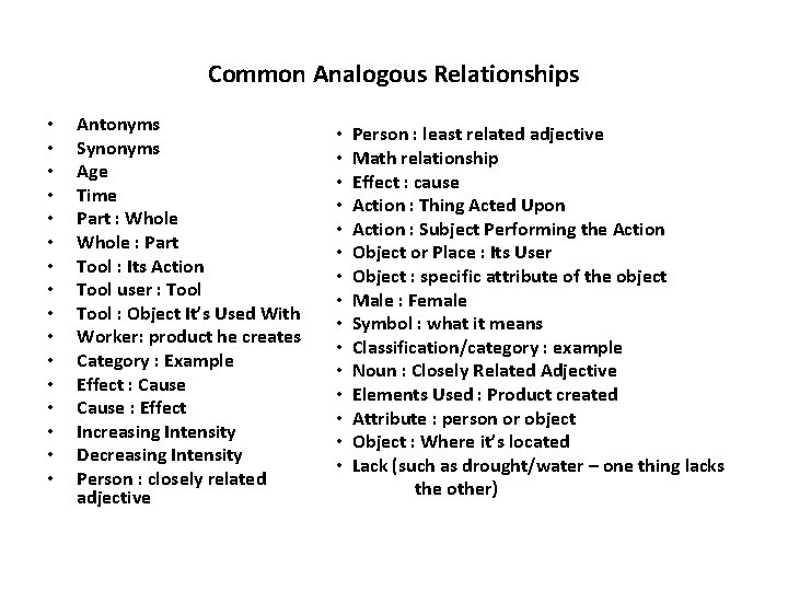 Common Analogous Relationships • • • • Antonyms Synonyms Age Time Part : Whole Common Analogous Relationships • • • • Antonyms Synonyms Age Time Part : Whole
