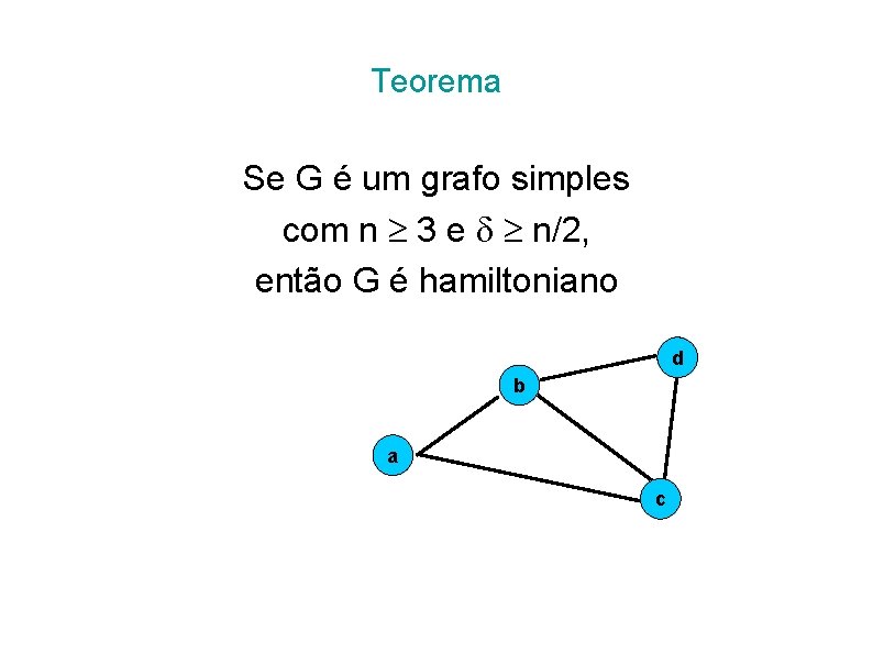 Teorema Se G é um grafo simples com n 3 e n/2, então G Teorema Se G é um grafo simples com n 3 e n/2, então G