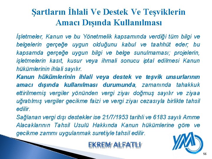 Şartların İhlali Ve Destek Ve Teşviklerin Amacı Dışında Kullanılması İşletmeler, Kanun ve bu Yönetmelik