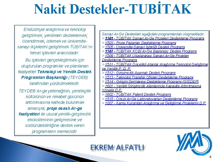 Nakit Destekler-TUBİTAK Endüstriyel araştırma ve teknoloji geliştirmek; yenilikleri desteklemek; özendirmek, izlemek ve üniversitesanayi ilişkilerini