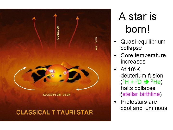 A star is born! • Quasi-equilibrium collapse • Core temperature increases • At 106