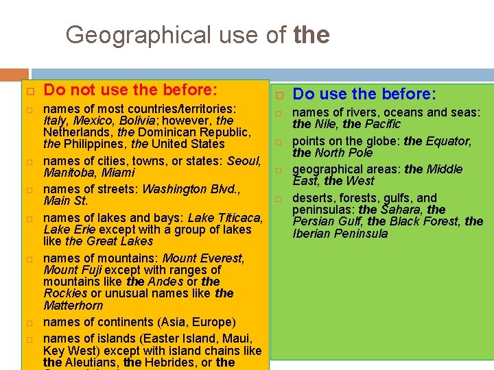 Geographical use of the Do not use the before: names of most countries/territories: Italy,