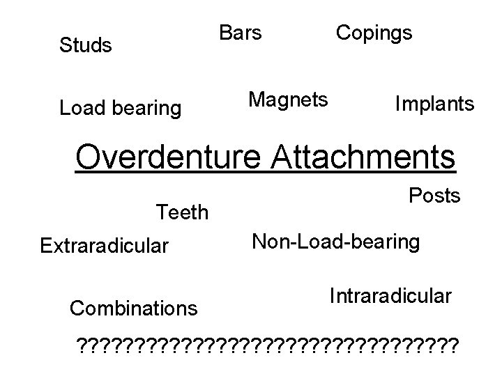 Bars Studs Load bearing Magnets Copings Implants Overdenture Attachments Teeth Extraradicular Combinations Posts Non-Load-bearing