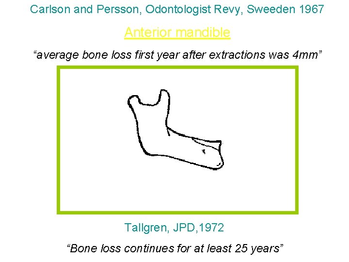 Carlson and Persson, Odontologist Revy, Sweeden 1967 Anterior mandible “average bone loss first year