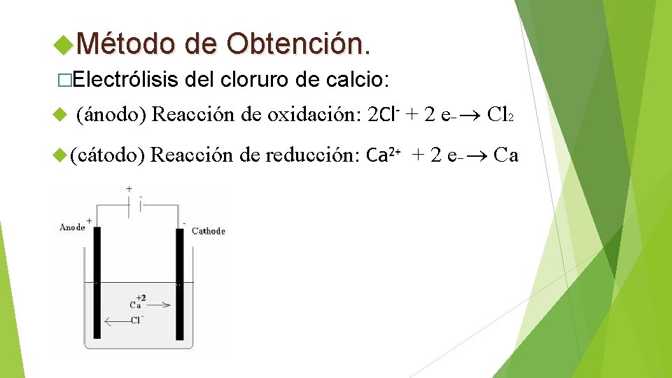  Método de Obtención. �Electrólisis del cloruro de calcio: (ánodo) Reacción de oxidación: 2