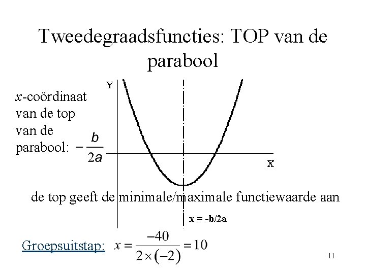 Tweedegraadsfuncties: TOP van de parabool x-coördinaat van de top van de parabool: de top