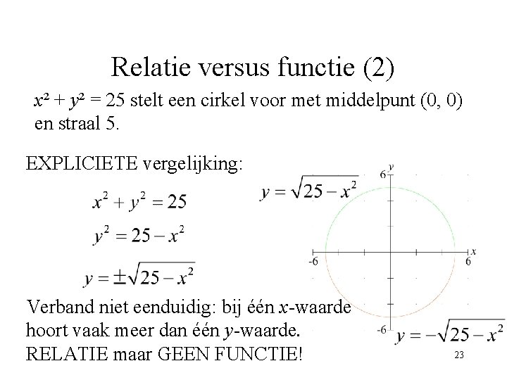Relatie versus functie (2) x² + y² = 25 stelt een cirkel voor met