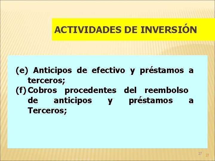 ACTIVIDADES DE INVERSIÓN (e) Anticipos de efectivo y préstamos a terceros; (f) Cobros procedentes