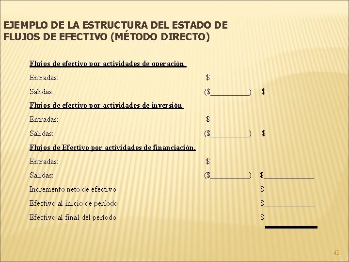 EJEMPLO DE LA ESTRUCTURA DEL ESTADO DE FLUJOS DE EFECTIVO (MÉTODO DIRECTO) Flujos de