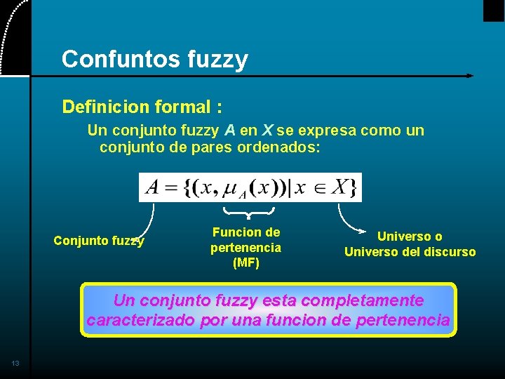 Confuntos fuzzy Definicion formal : Un conjunto fuzzy A en X se expresa como