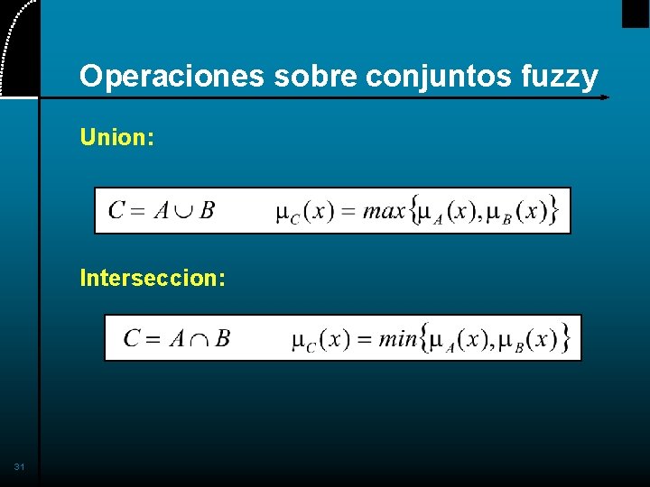 Operaciones sobre conjuntos fuzzy Union: Interseccion: 31 