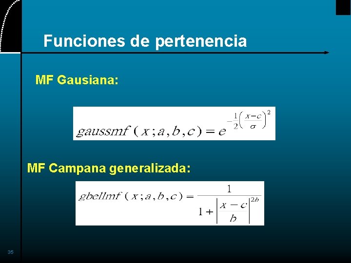 Funciones de pertenencia MF Gausiana: MF Campana generalizada: 35 