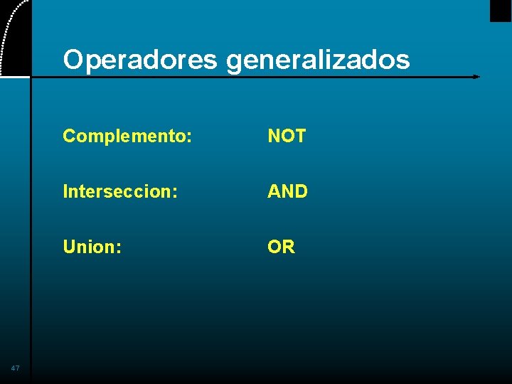 Operadores generalizados 47 Complemento: NOT Interseccion: AND Union: OR 