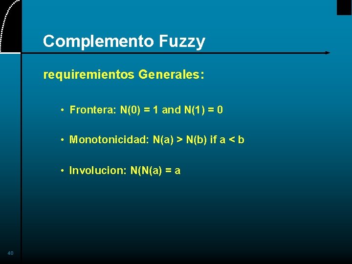 Complemento Fuzzy requiremientos Generales: • Frontera: N(0) = 1 and N(1) = 0 •