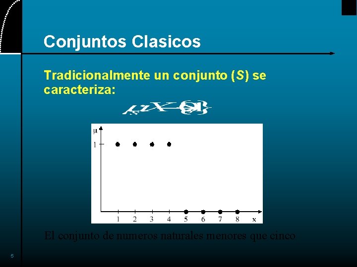 Conjuntos Clasicos Tradicionalmente un conjunto (S) se caracteriza: El conjunto de numeros naturales menores