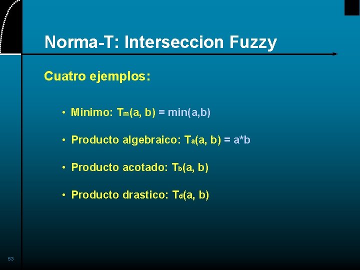 Norma-T: Interseccion Fuzzy Cuatro ejemplos: • Minimo: Tm(a, b) = min(a, b) • Producto