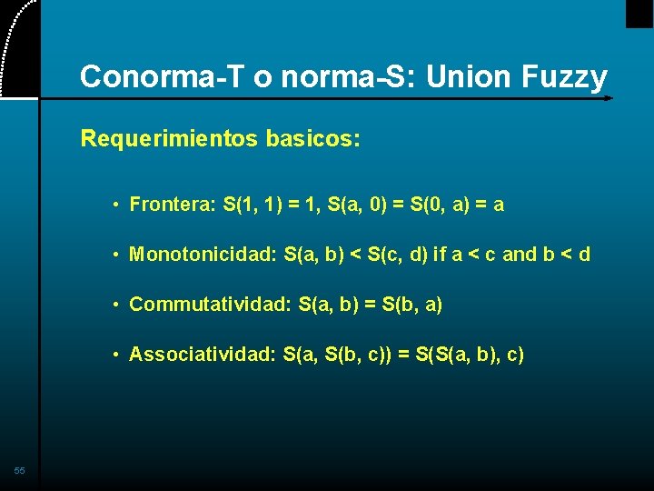 Conorma-T o norma-S: Union Fuzzy Requerimientos basicos: • Frontera: S(1, 1) = 1, S(a,