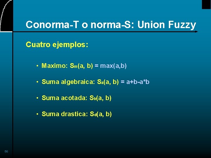 Conorma-T o norma-S: Union Fuzzy Cuatro ejemplos: • Maximo: Sm(a, b) = max(a, b)