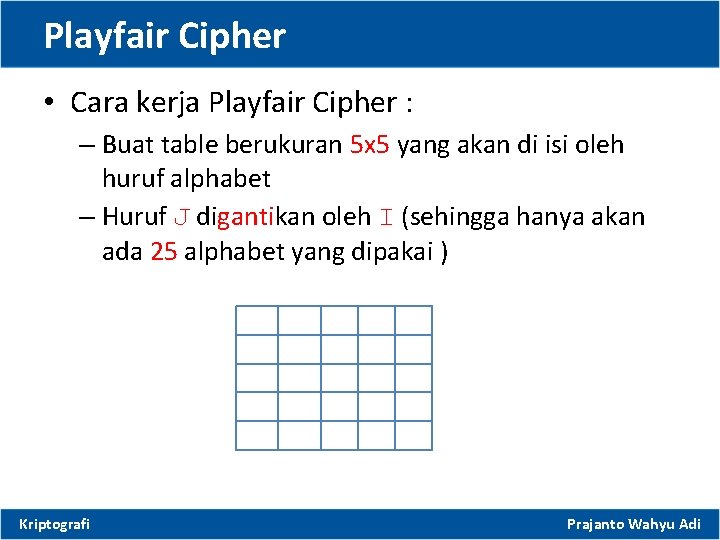 Playfair Cipher • Cara kerja Playfair Cipher : – Buat table berukuran 5 x