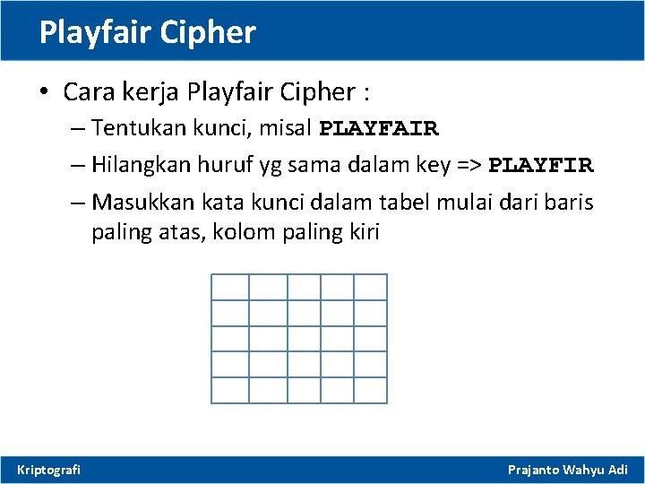 Playfair Cipher • Cara kerja Playfair Cipher : – Tentukan kunci, misal PLAYFAIR –