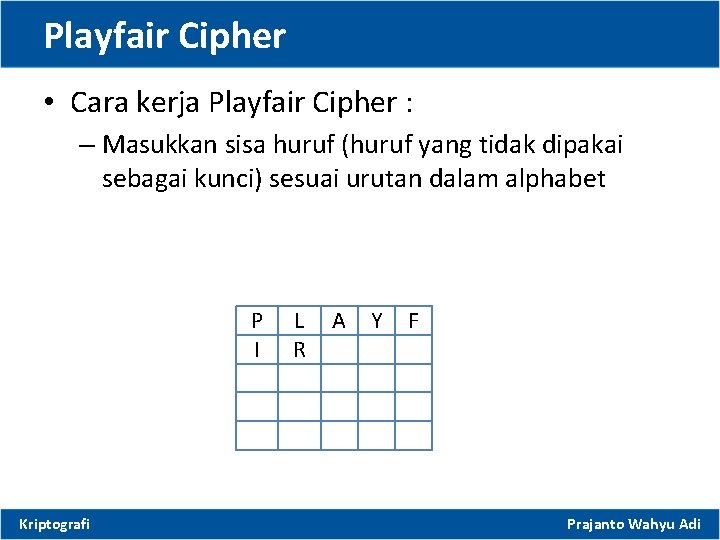 Playfair Cipher • Cara kerja Playfair Cipher : – Masukkan sisa huruf (huruf yang