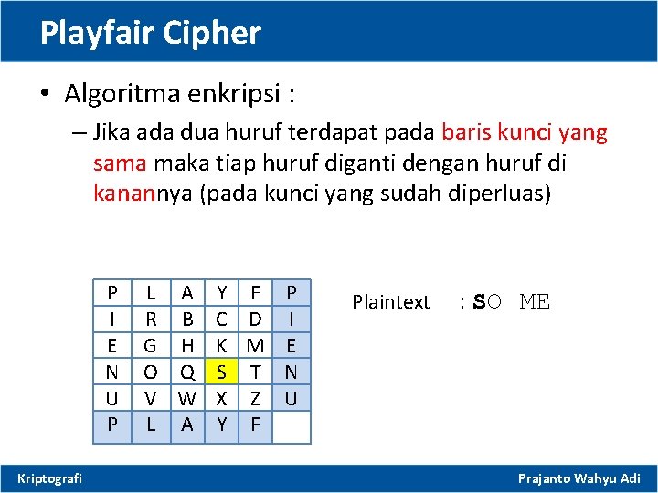 Playfair Cipher • Algoritma enkripsi : – Jika ada dua huruf terdapat pada baris