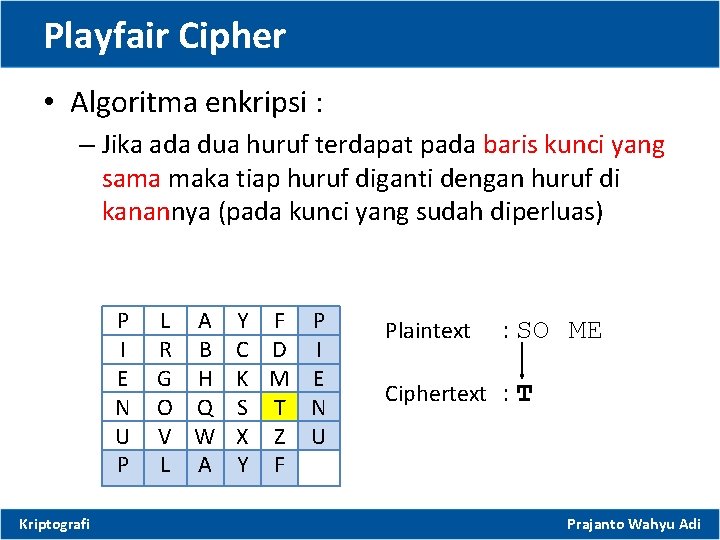 Playfair Cipher • Algoritma enkripsi : – Jika ada dua huruf terdapat pada baris