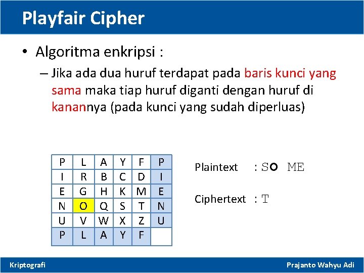 Playfair Cipher • Algoritma enkripsi : – Jika ada dua huruf terdapat pada baris