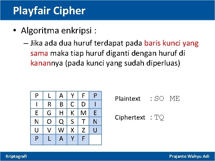 Playfair Cipher • Algoritma enkripsi : – Jika ada dua huruf terdapat pada baris