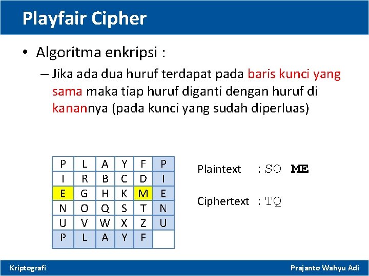 Playfair Cipher • Algoritma enkripsi : – Jika ada dua huruf terdapat pada baris