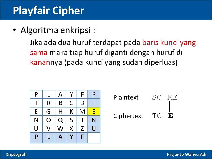 Playfair Cipher • Algoritma enkripsi : – Jika ada dua huruf terdapat pada baris