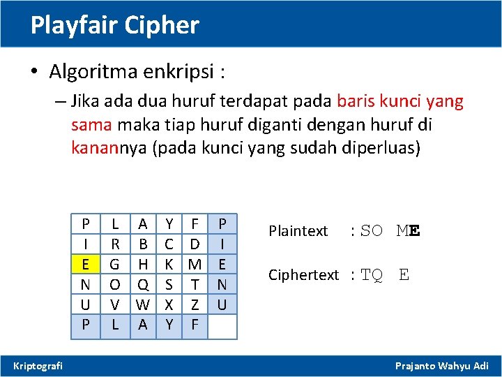 Playfair Cipher • Algoritma enkripsi : – Jika ada dua huruf terdapat pada baris