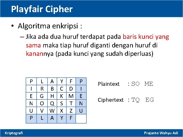 Playfair Cipher • Algoritma enkripsi : – Jika ada dua huruf terdapat pada baris