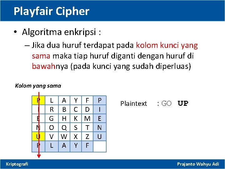 Playfair Cipher • Algoritma enkripsi : – Jika dua huruf terdapat pada kolom kunci