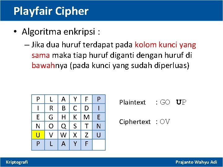 Playfair Cipher • Algoritma enkripsi : – Jika dua huruf terdapat pada kolom kunci