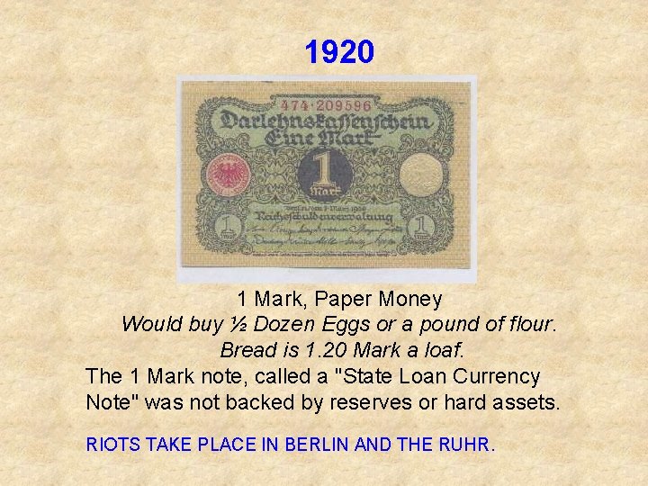 1920 1 Mark, Paper Money Would buy ½ Dozen Eggs or a pound of