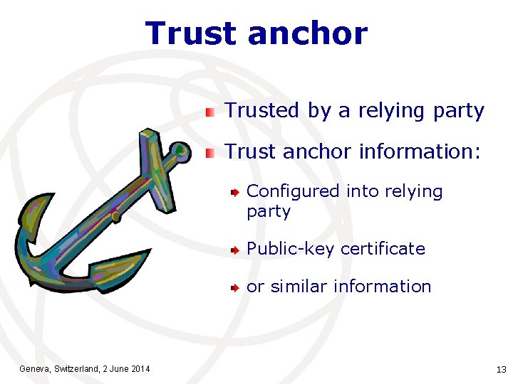 Trust anchor Trusted by a relying party Trust anchor information: Configured into relying party
