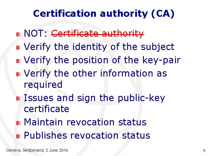 Certification authority (CA) NOT: Certificate authority Verify the identity of the subject Verify the