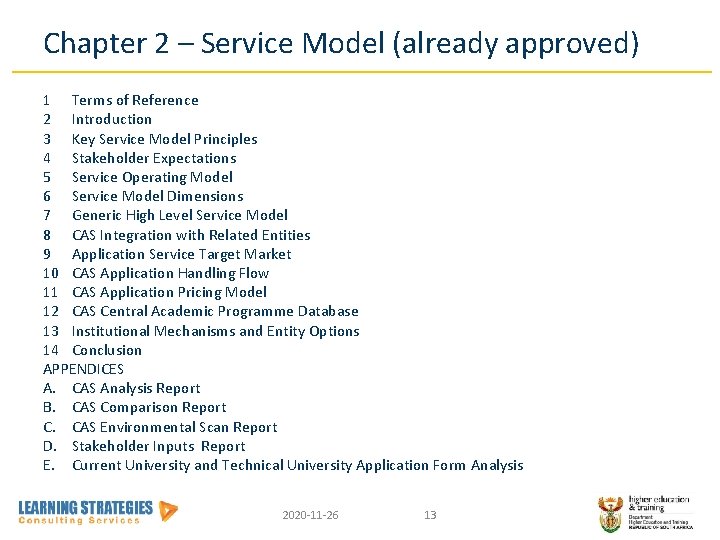 Chapter 2 – Service Model (already approved) 1 Terms of Reference 2 Introduction 3