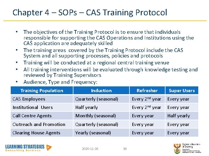 Chapter 4 – SOPs – CAS Training Protocol • The objectives of the Training