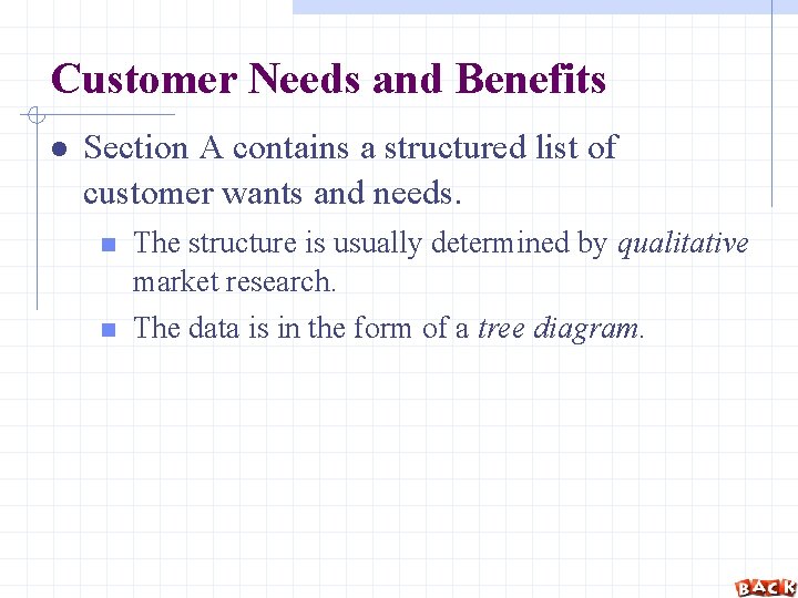 Customer Needs and Benefits Section A contains a structured list of customer wants and