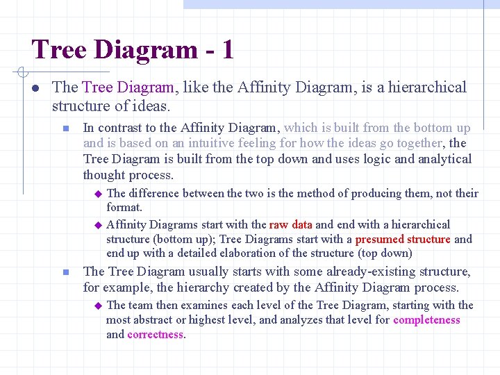 Tree Diagram - 1 The Tree Diagram, like the Affinity Diagram, is a hierarchical