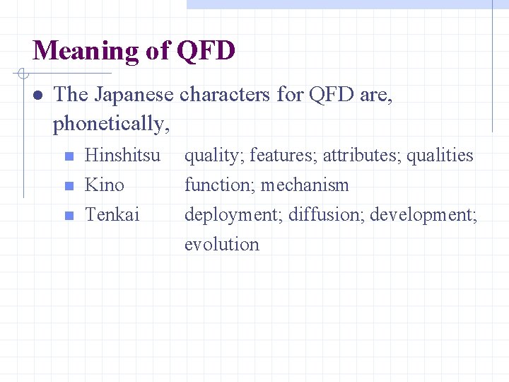 Meaning of QFD The Japanese characters for QFD are, phonetically, n n n Hinshitsu