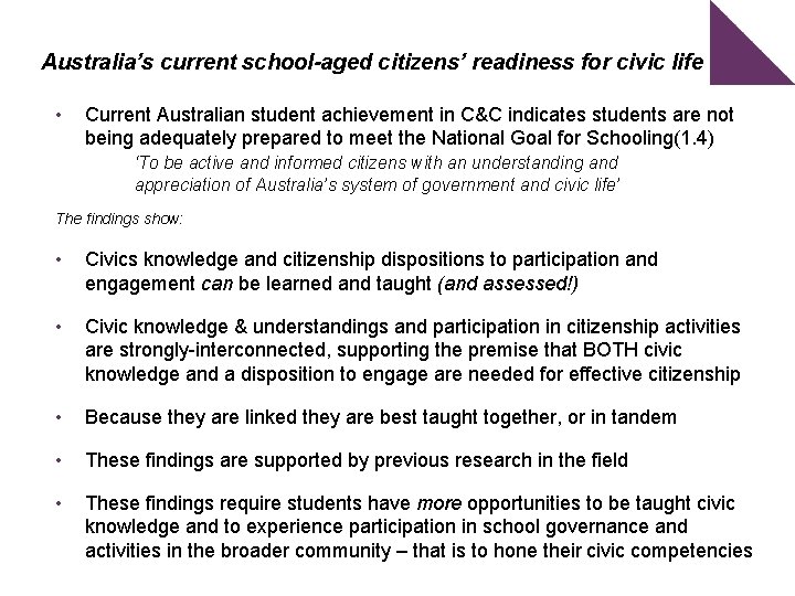 Australia’s current school-aged citizens’ readiness for civic life • Current Australian student achievement in