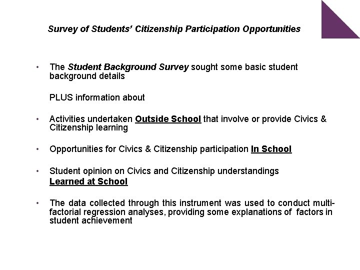 Survey of Students’ Citizenship Participation Opportunities • The Student Background Survey sought some basic