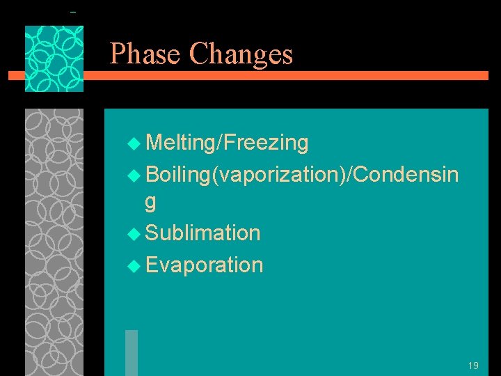 Phase Changes u Melting/Freezing u Boiling(vaporization)/Condensin g u Sublimation u Evaporation 19 