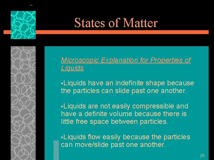 States of Matter Microscopic Explanation for Properties of Liquids §Liquids have an indefinite shape
