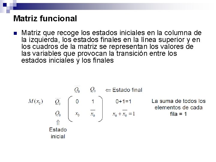 Matriz funcional n Matriz que recoge los estados iniciales en la columna de la