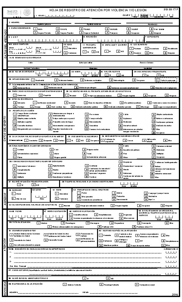 SIS-SS-17 -P HOJA DE REGISTRO DE ATENCIÓN POR VIOLENCIA Y/O LESION 3. NOMBRE EDO
