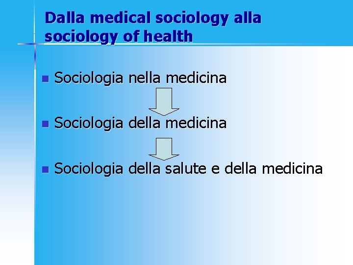 Dalla medical sociology alla sociology of health n Sociologia nella medicina n Sociologia della